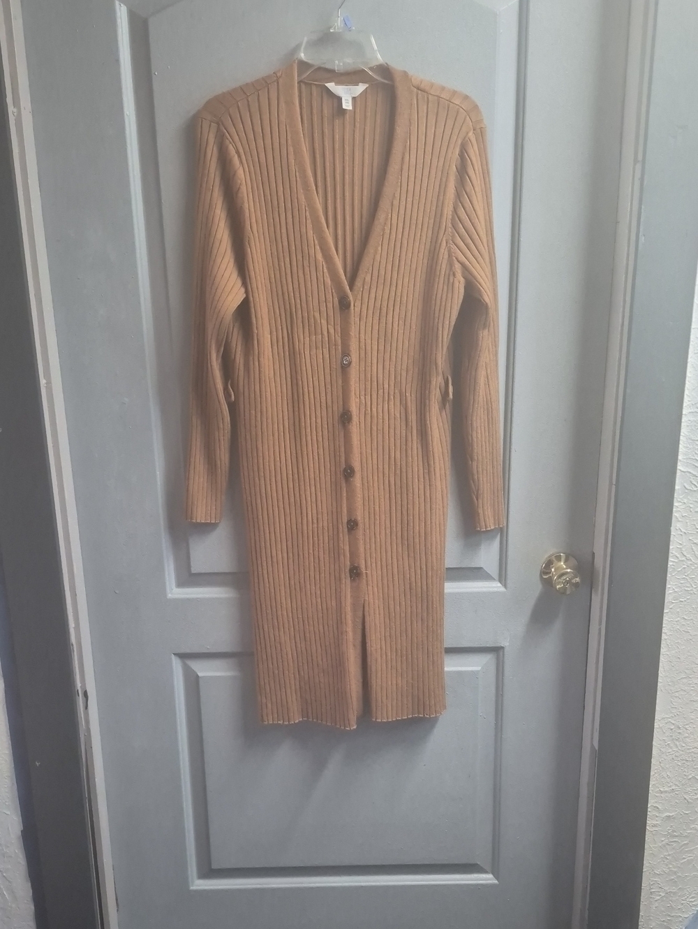 Time and Tru Ribbed Long Button-Front Cardigan in Camel Brown
